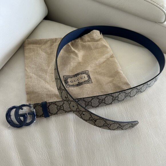 New Gucci Belt GG Supreme Monogram Calfskin Enamel 30mm Belt 70 Cm 28 In Blue main image 4